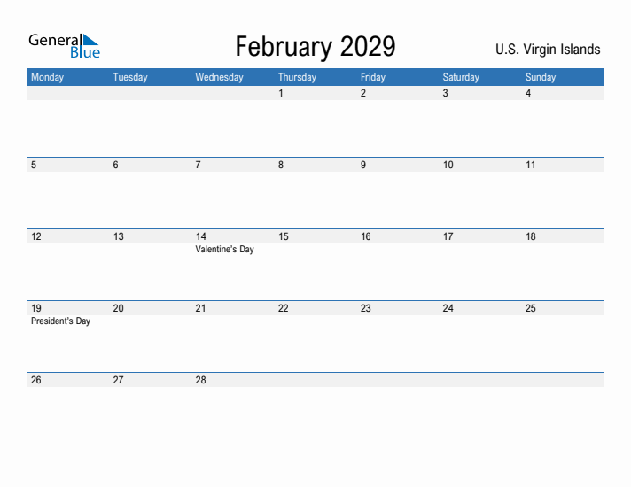 Fillable February 2029 Calendar