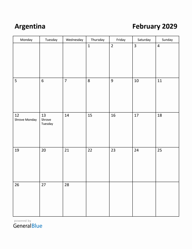 February 2029 Calendar with Argentina Holidays