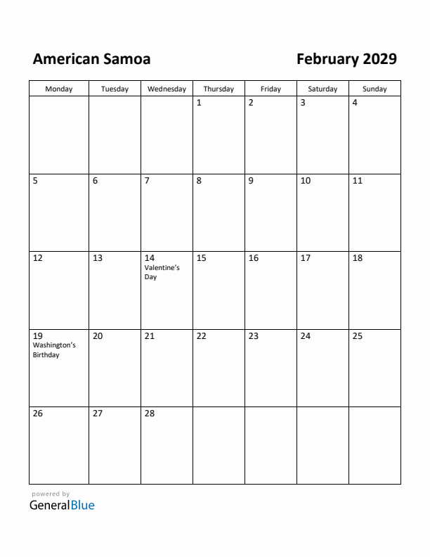 February 2029 Calendar with American Samoa Holidays