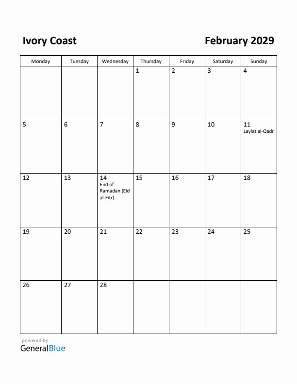 February 2029 Calendar with Ivory Coast Holidays