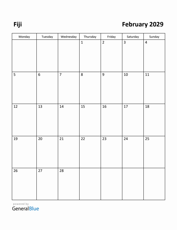 February 2029 Calendar with Fiji Holidays
