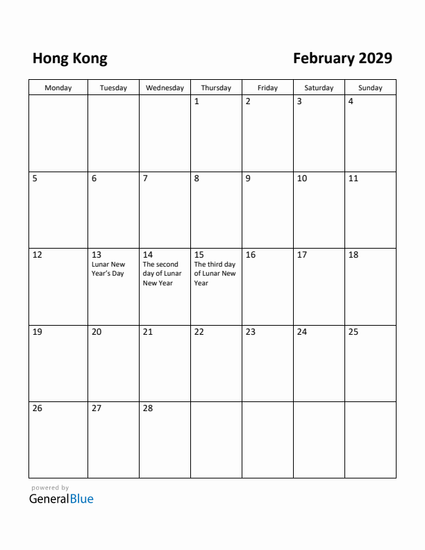 February 2029 Calendar with Hong Kong Holidays