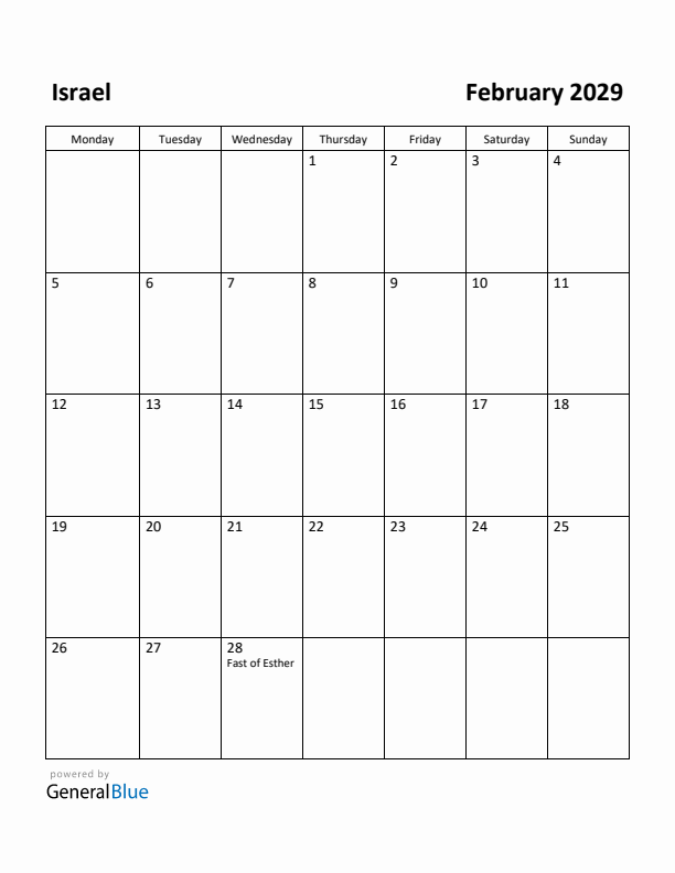 February 2029 Calendar with Israel Holidays