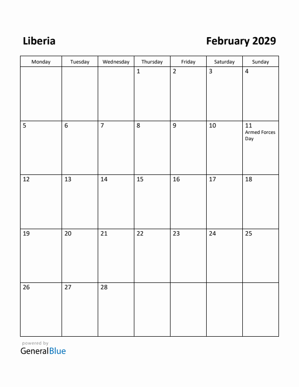 February 2029 Calendar with Liberia Holidays