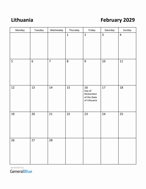 February 2029 Calendar with Lithuania Holidays