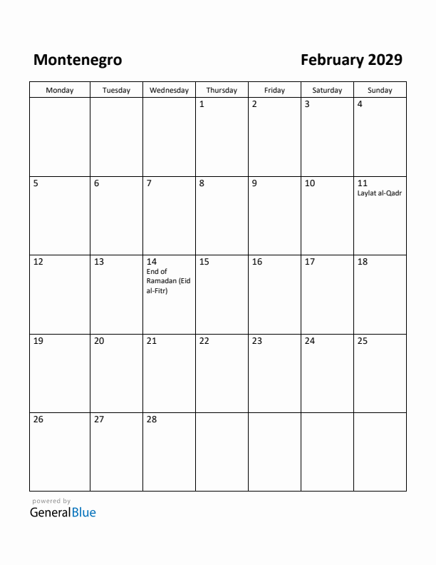 February 2029 Calendar with Montenegro Holidays