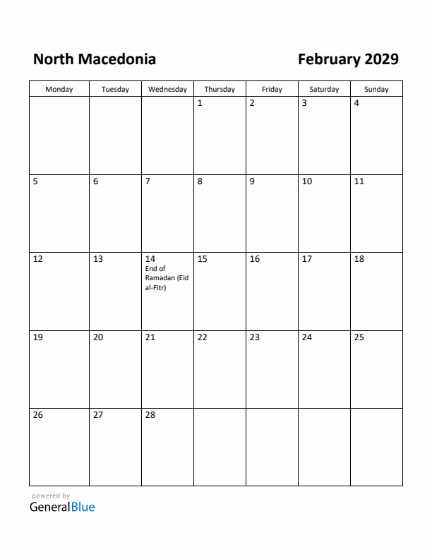 February 2029 Calendar with North Macedonia Holidays
