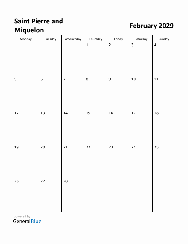 February 2029 Calendar with Saint Pierre and Miquelon Holidays