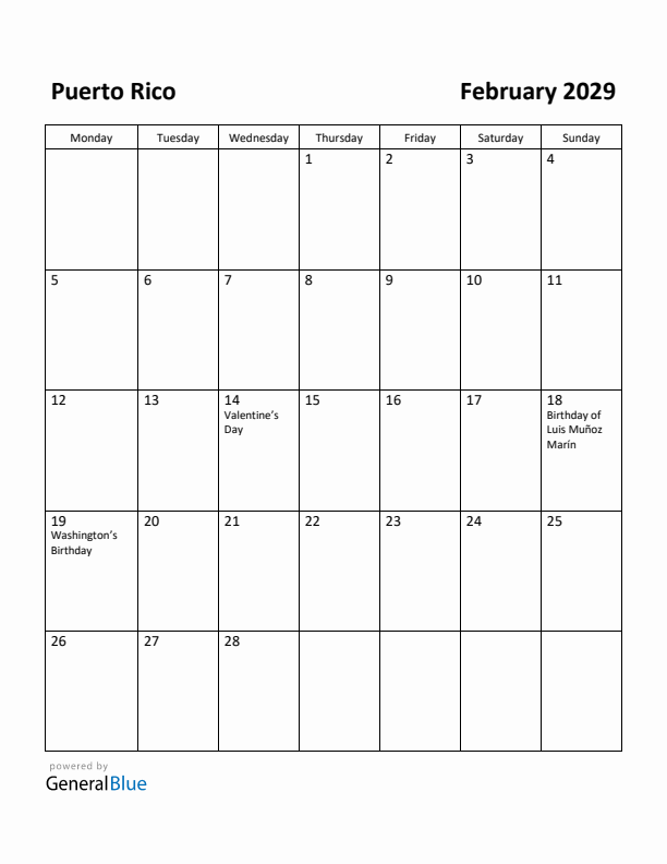 February 2029 Calendar with Puerto Rico Holidays