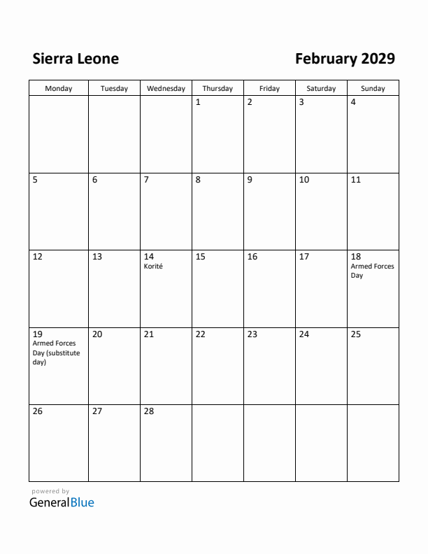 February 2029 Calendar with Sierra Leone Holidays