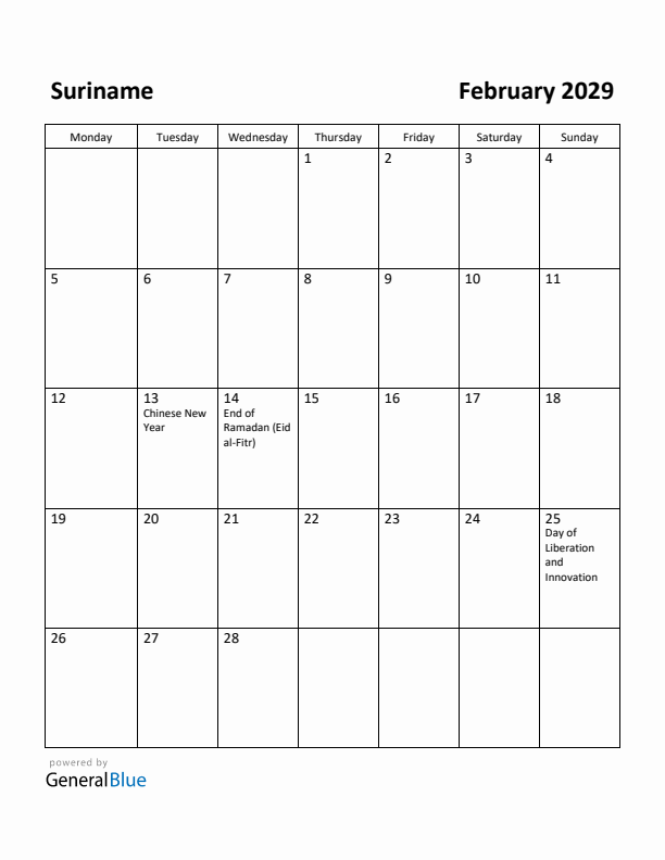 February 2029 Calendar with Suriname Holidays