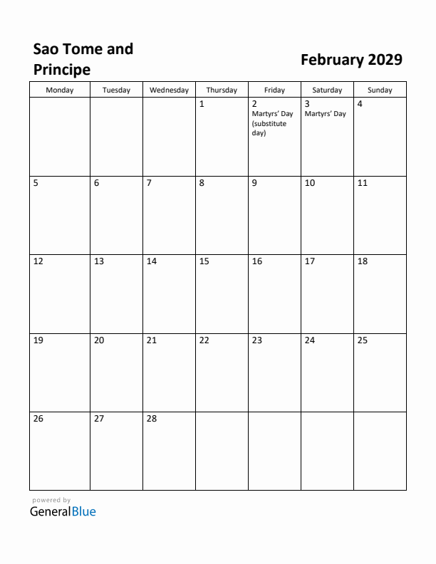 February 2029 Calendar with Sao Tome and Principe Holidays