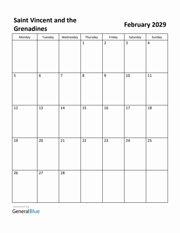 February 2029 Calendar with Saint Vincent and the Grenadines Holidays