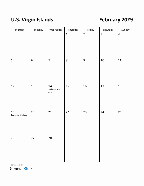 February 2029 Calendar with U.S. Virgin Islands Holidays