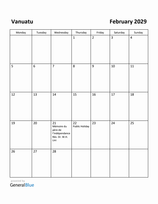 February 2029 Calendar with Vanuatu Holidays