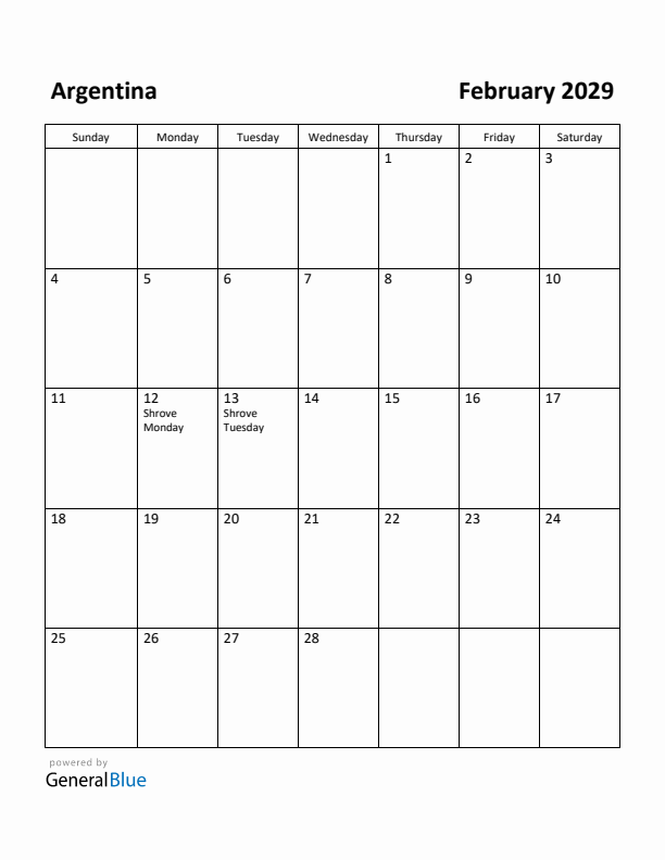 February 2029 Calendar with Argentina Holidays
