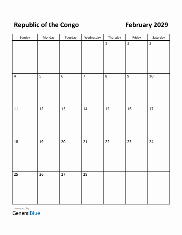 February 2029 Calendar with Republic of the Congo Holidays