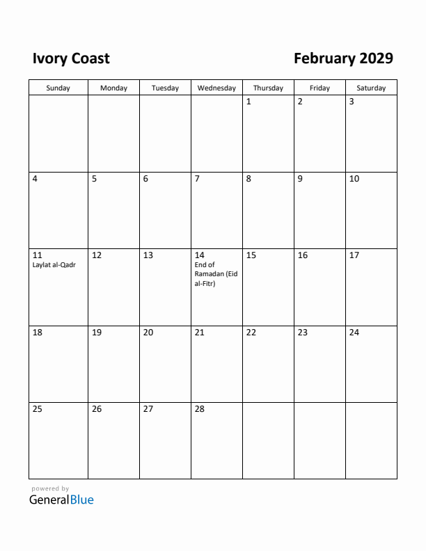 February 2029 Calendar with Ivory Coast Holidays