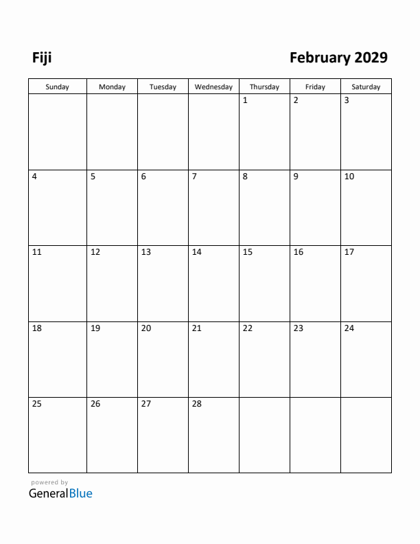 February 2029 Calendar with Fiji Holidays