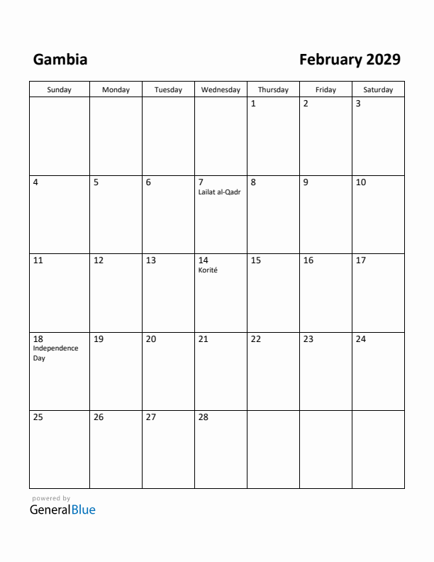 February 2029 Calendar with Gambia Holidays