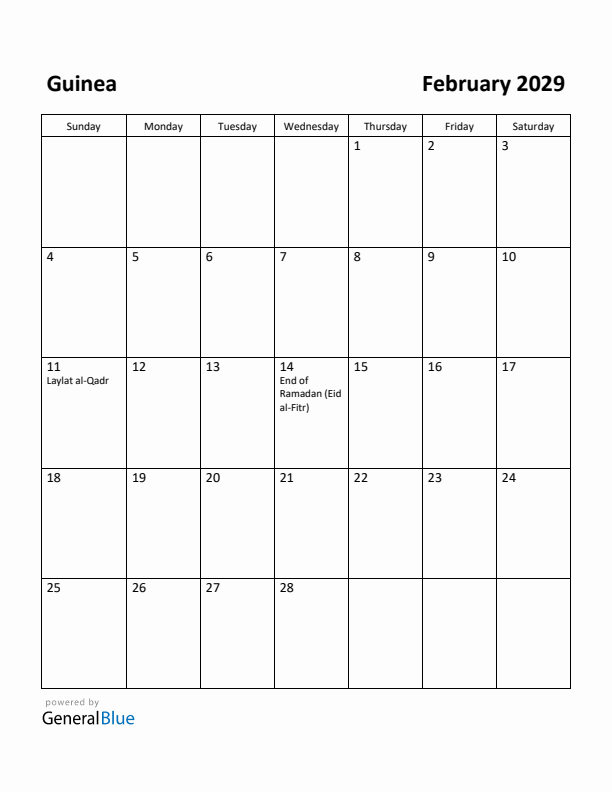 February 2029 Calendar with Guinea Holidays