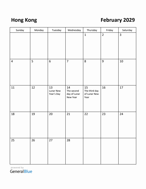 February 2029 Calendar with Hong Kong Holidays