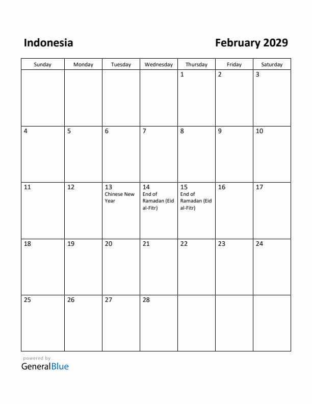 February 2029 Calendar with Indonesia Holidays