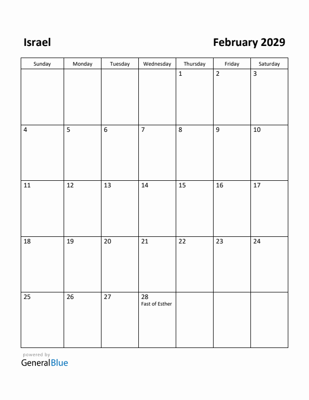 February 2029 Calendar with Israel Holidays