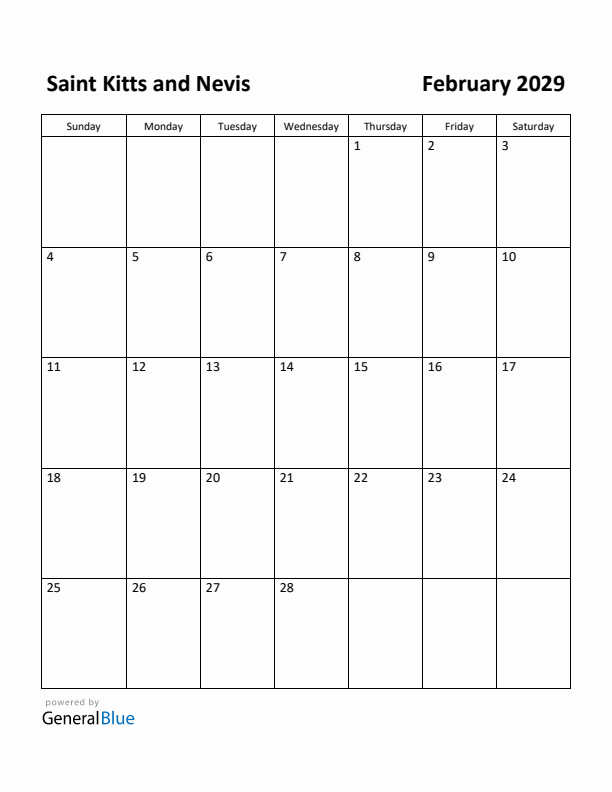 February 2029 Calendar with Saint Kitts and Nevis Holidays