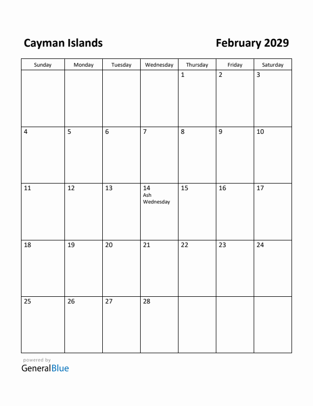 February 2029 Calendar with Cayman Islands Holidays
