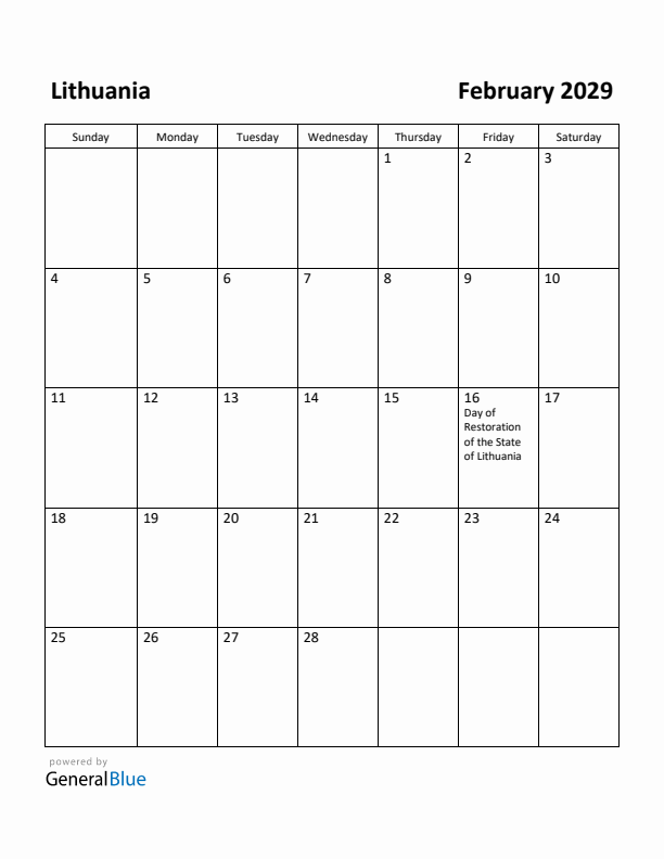 February 2029 Calendar with Lithuania Holidays