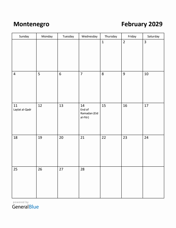 February 2029 Calendar with Montenegro Holidays