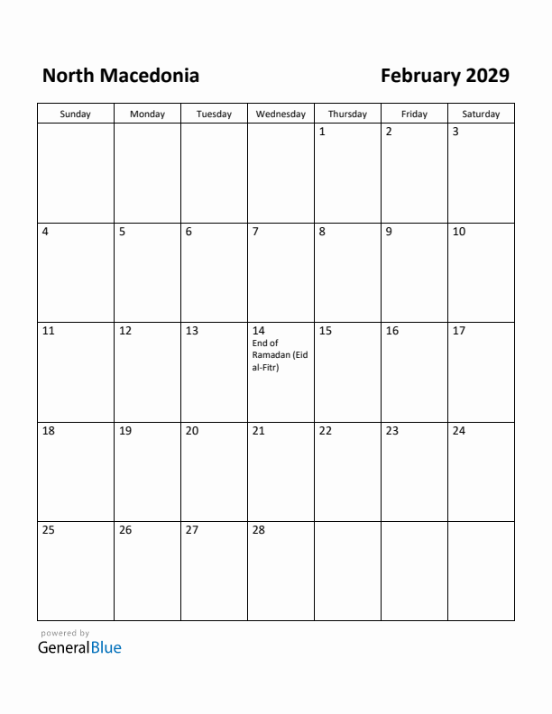 February 2029 Calendar with North Macedonia Holidays