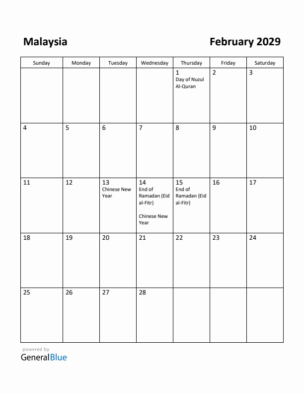 February 2029 Calendar with Malaysia Holidays
