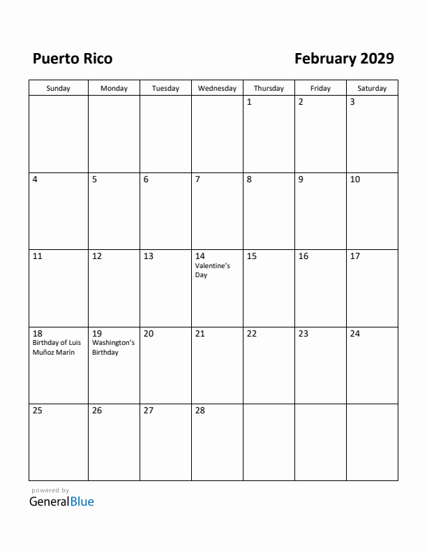 February 2029 Calendar with Puerto Rico Holidays