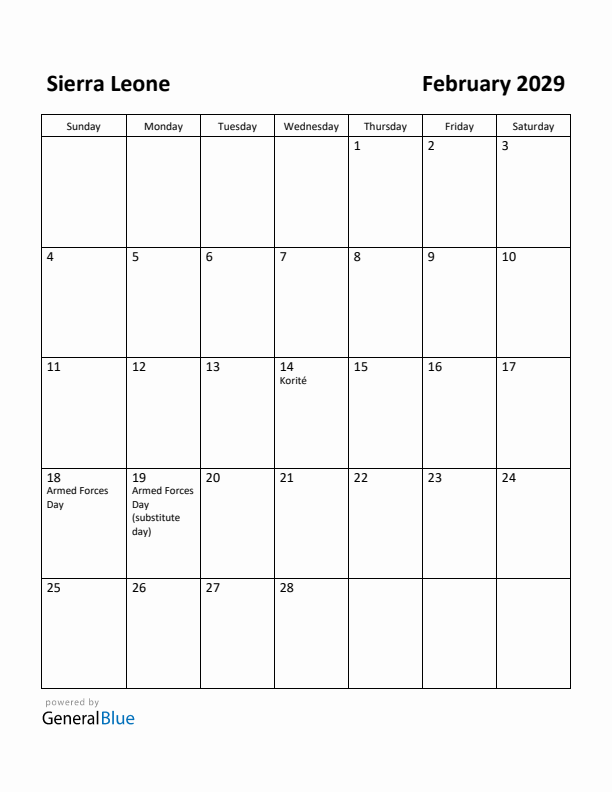 February 2029 Calendar with Sierra Leone Holidays