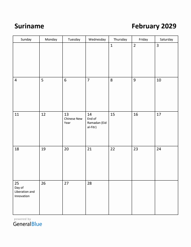 February 2029 Calendar with Suriname Holidays