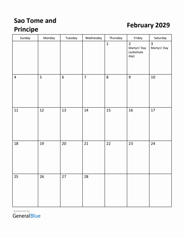 February 2029 Calendar with Sao Tome and Principe Holidays
