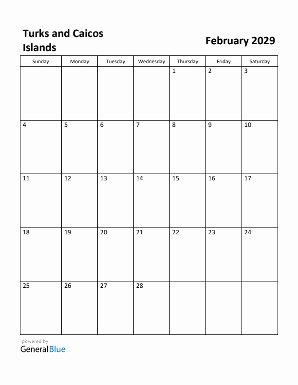 February 2029 Calendar with Turks and Caicos Islands Holidays