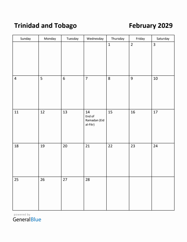 February 2029 Calendar with Trinidad and Tobago Holidays