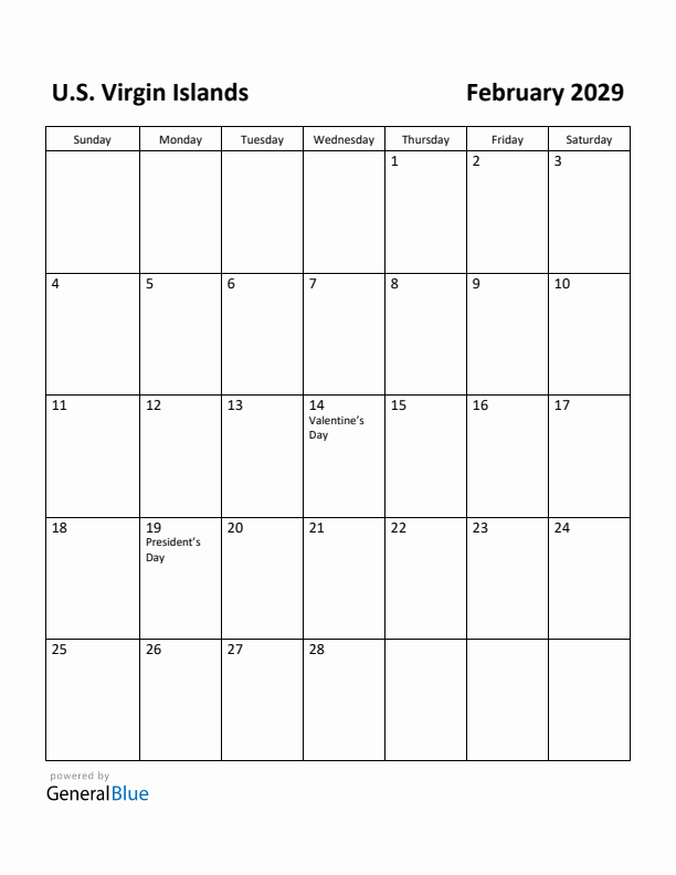 February 2029 Calendar with U.S. Virgin Islands Holidays