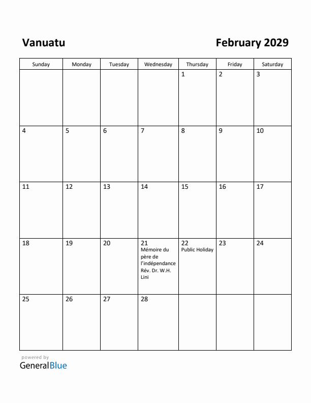 February 2029 Calendar with Vanuatu Holidays