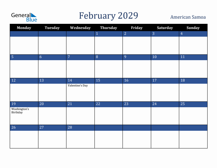 February 2029 American Samoa Calendar (Monday Start)