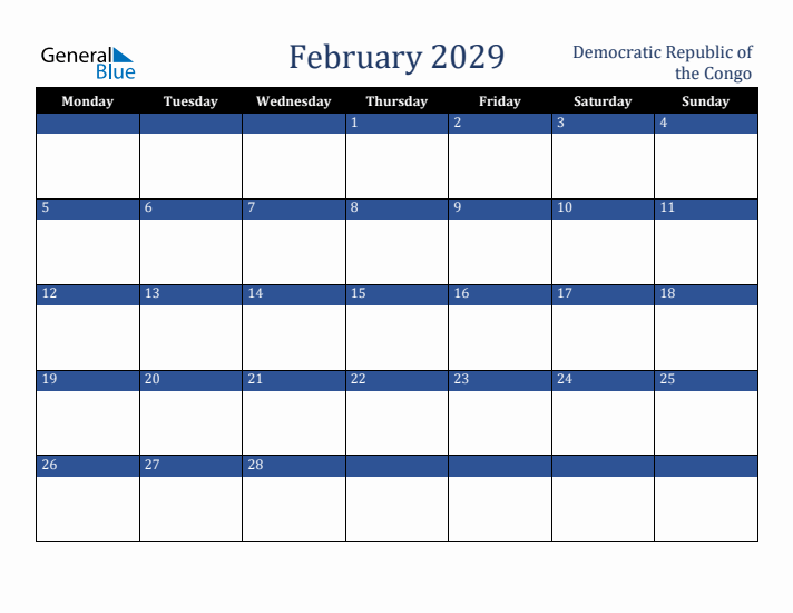 February 2029 Democratic Republic of the Congo Calendar (Monday Start)