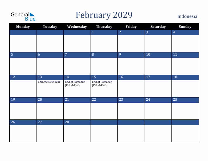 February 2029 Indonesia Calendar (Monday Start)