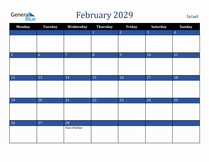 February 2029 Israel Calendar (Monday Start)
