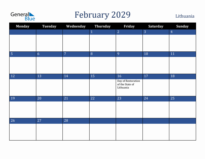 February 2029 Lithuania Calendar (Monday Start)