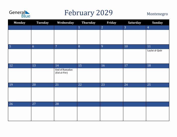 February 2029 Montenegro Calendar (Monday Start)
