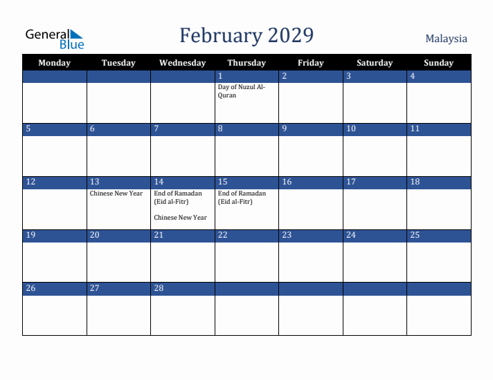 February 2029 Malaysia Calendar (Monday Start)
