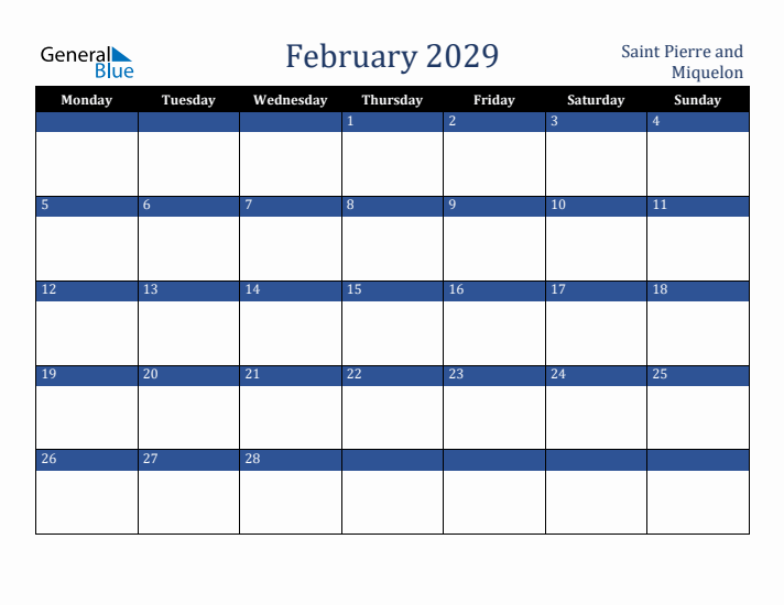 February 2029 Saint Pierre and Miquelon Calendar (Monday Start)
